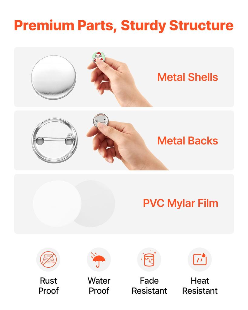 VEVOR Button Maker Supplies 200 Sets 1.26 In / 32 Mm Pin Back Button Parts, with Metal Backs, Metal Shells, Clear Mylar Films
