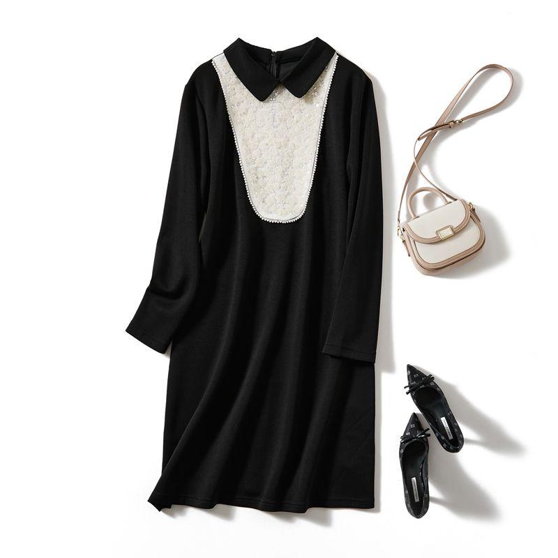 

Beaded Rose Three-Dimensional Flower Cluster Embellishment! Commuting Elegant Women s Long Sleeve Cotton Fake Two-Piece Lapel Cotton Dress Black 4XL