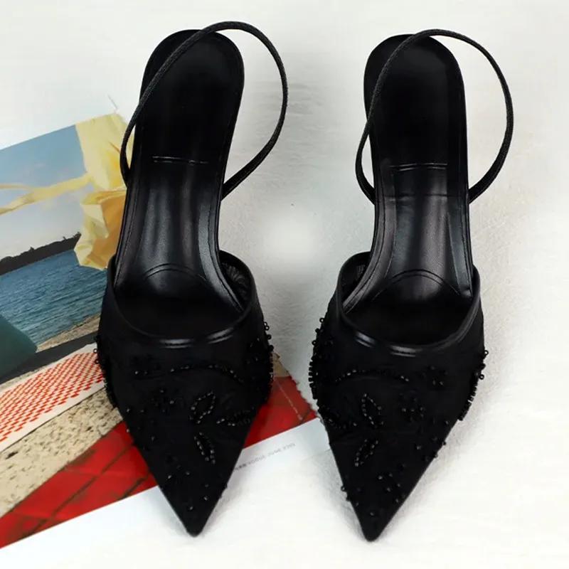 Sexy Pointed Toe String Bead Pumps Women Black Mesh Embroider Heeled Sandals Summer Elegant Party Shoe Zapatos De Mujer