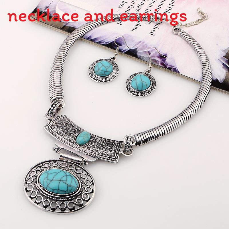 Ethnic Style Simulation Gemstone Decoration Women Necklace And Earring Set For Men And Women Silver Blue