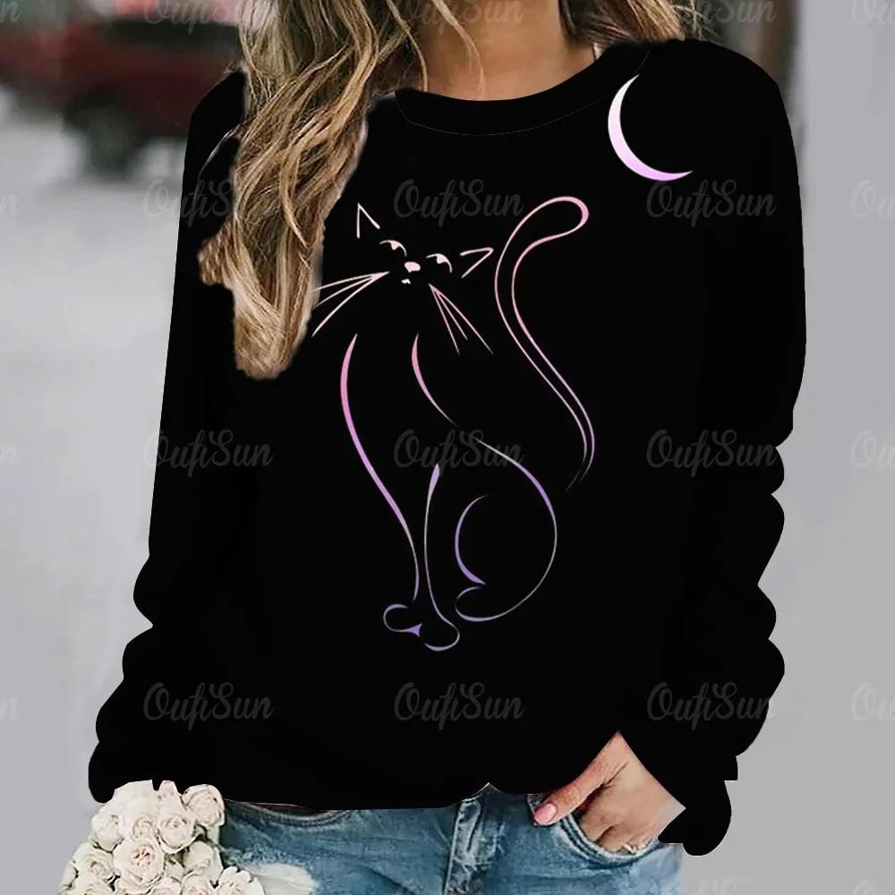 Dámské tričko Anime Kočičí potisk Topy s dlouhým rukávem Vintage svetr Bavlna s výstřihem do tvaru Y2k Dámské oblečení Oversized Street Pullover