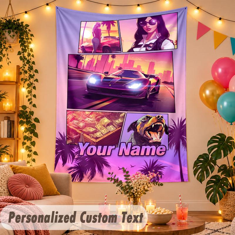 GTA Personalized Wall Tapestry Custom Name Text Polyester Hanging Decor Home Room