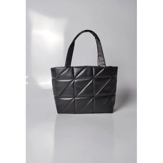 Schwarze gesteppte, geprägte Pouf-Tasche für Damen, aufblasbar, Kunstleder, Naples-Schultergurt, Hand- und Umhängetasche