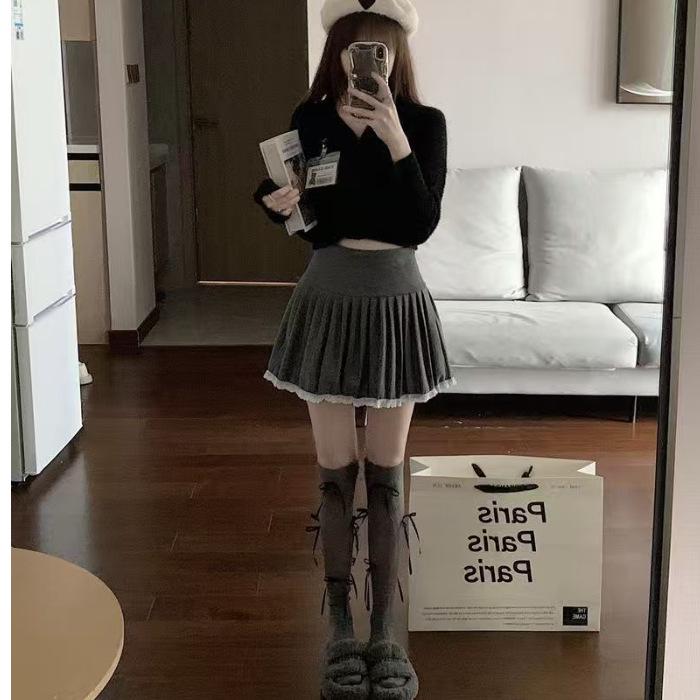 Szara Wełniana Plisowana Spódnica Midi, Wysoki Stan Wyszczuplająca Francuska Linia A dla Kobiet - Wiosna, Jesień, Zima