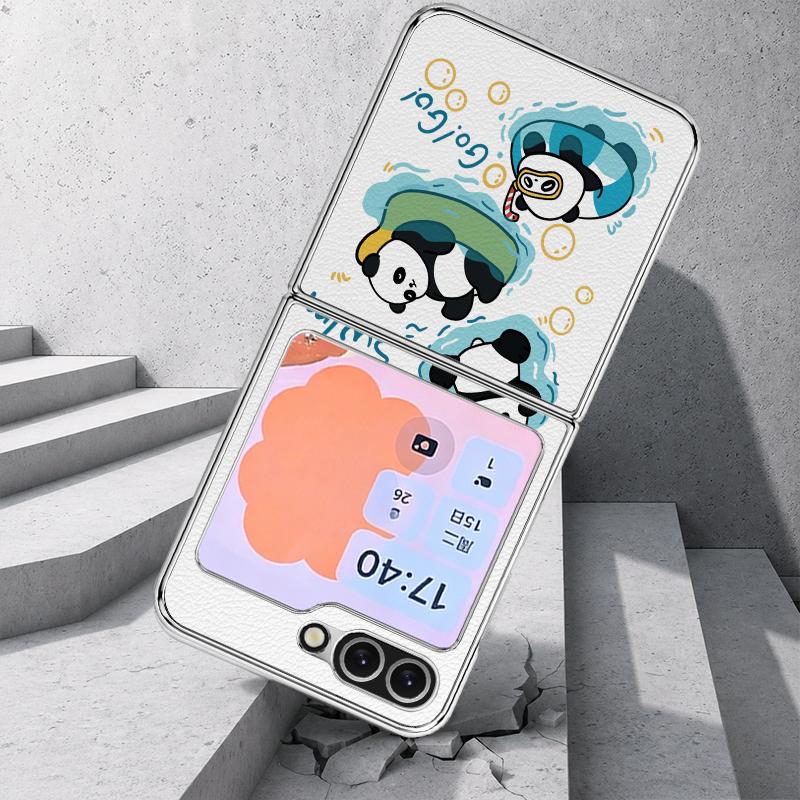 Lovely Baby Panda Print Case For Samsung Galaxy Z FlIP 7 FE 6 5 Z Flip7 Flip6 Flip5 Luxury Plating PC+PU Leather Hybrid Folding Phone Cover