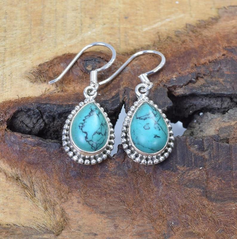 Solid 925 Sterling Silver Blue Copper Turquoise Pear Gemstone Handmade Designer Women Dangle Earrings