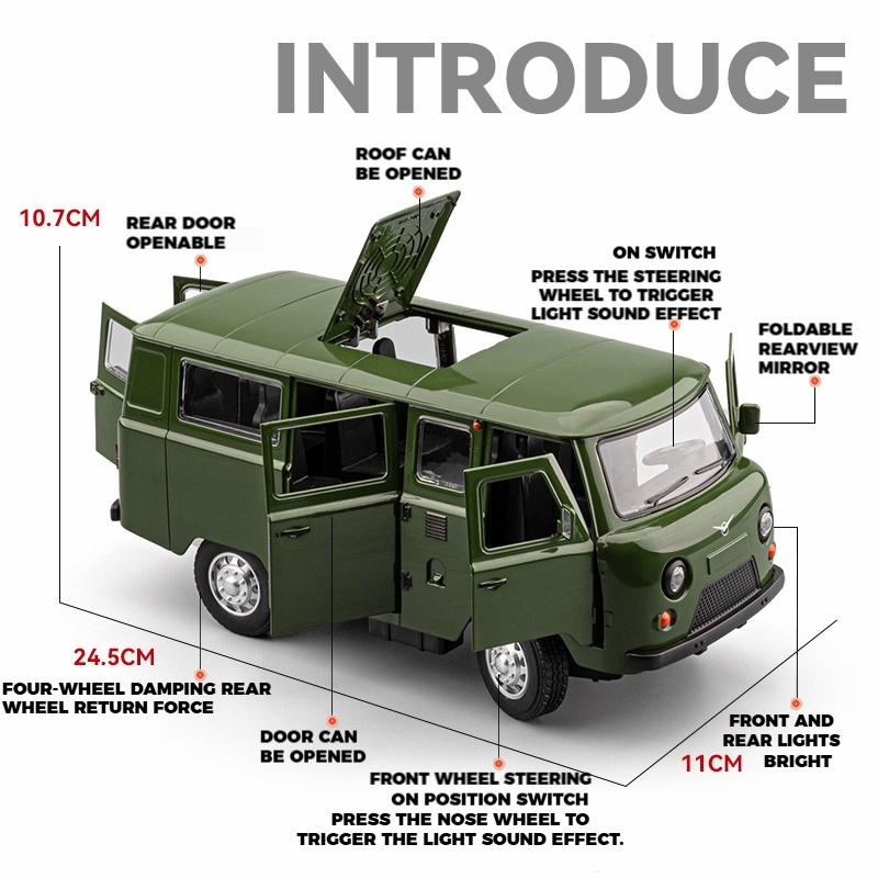 1/18 Russian UAZ TRAVELER BUS Toy Model Off Road Vehicles Alloy Diecast RV Car Models Doors Opened Sound Light Pull Back for Kid