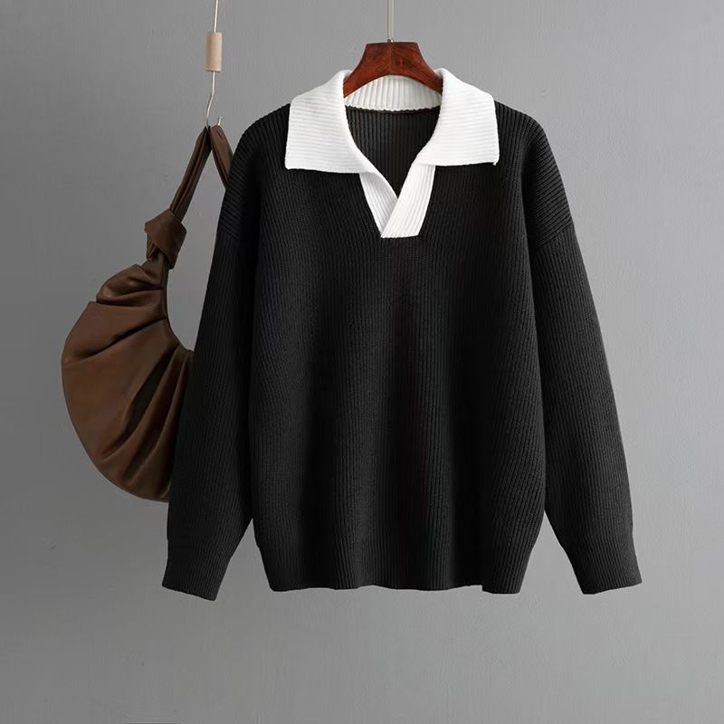 

Fashion Wind New Arrival Knitting Color Stitching Turnover Neck Loose Sweater Knited Color Blocked Sweater Black All yards