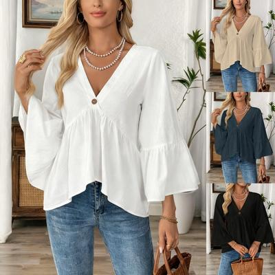 Spring Summer V-neck Elegant Loose Ruffled Women Blouse Half Sleeve Simple Casual Blouse Female New Solid Color Lotus Leaf Tops Office Sweet Clothing