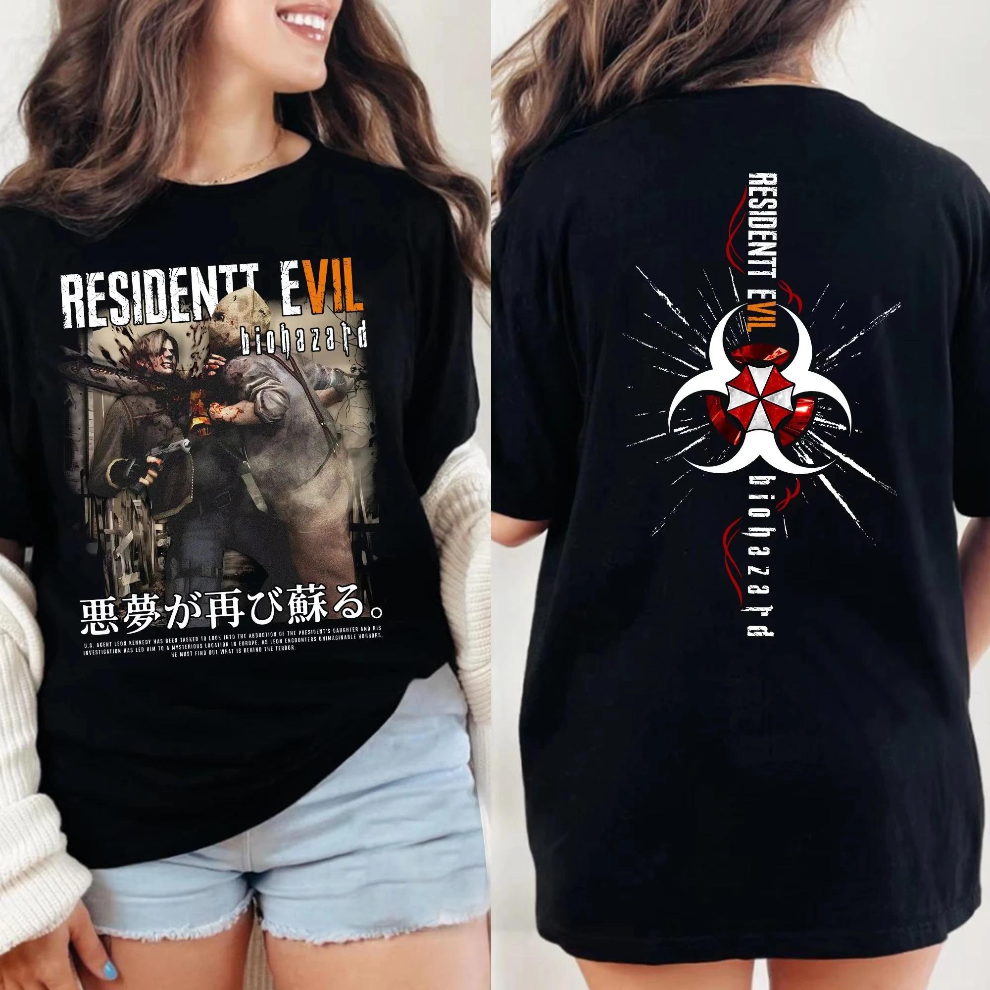Stylish Black Cotton T-Shirt Featuring Resident Evil Leon Kennedy and Umbrella Corporation Graphic Print T-Shirt 4XL