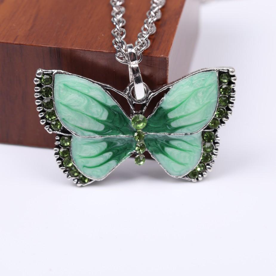 C180 Vintage Oil Drop Painted Inlaid Diamond Butterfly Necklace Alloy Fashion Long Sweater Chain Jewelry