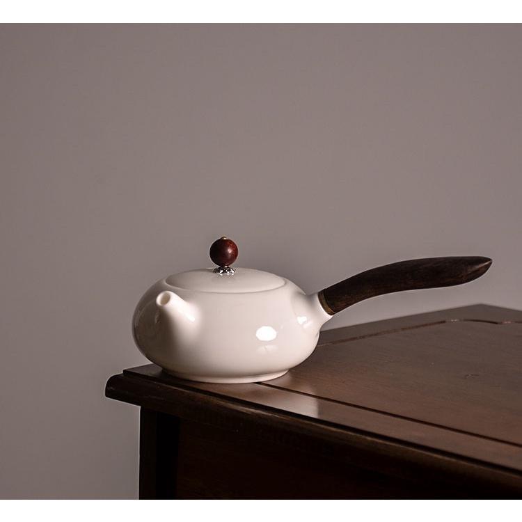 200ml Sheep Fat Jade Porcelain Wooden Handle Side Handle Teapot Ceramic Kung Fu Tea Set
