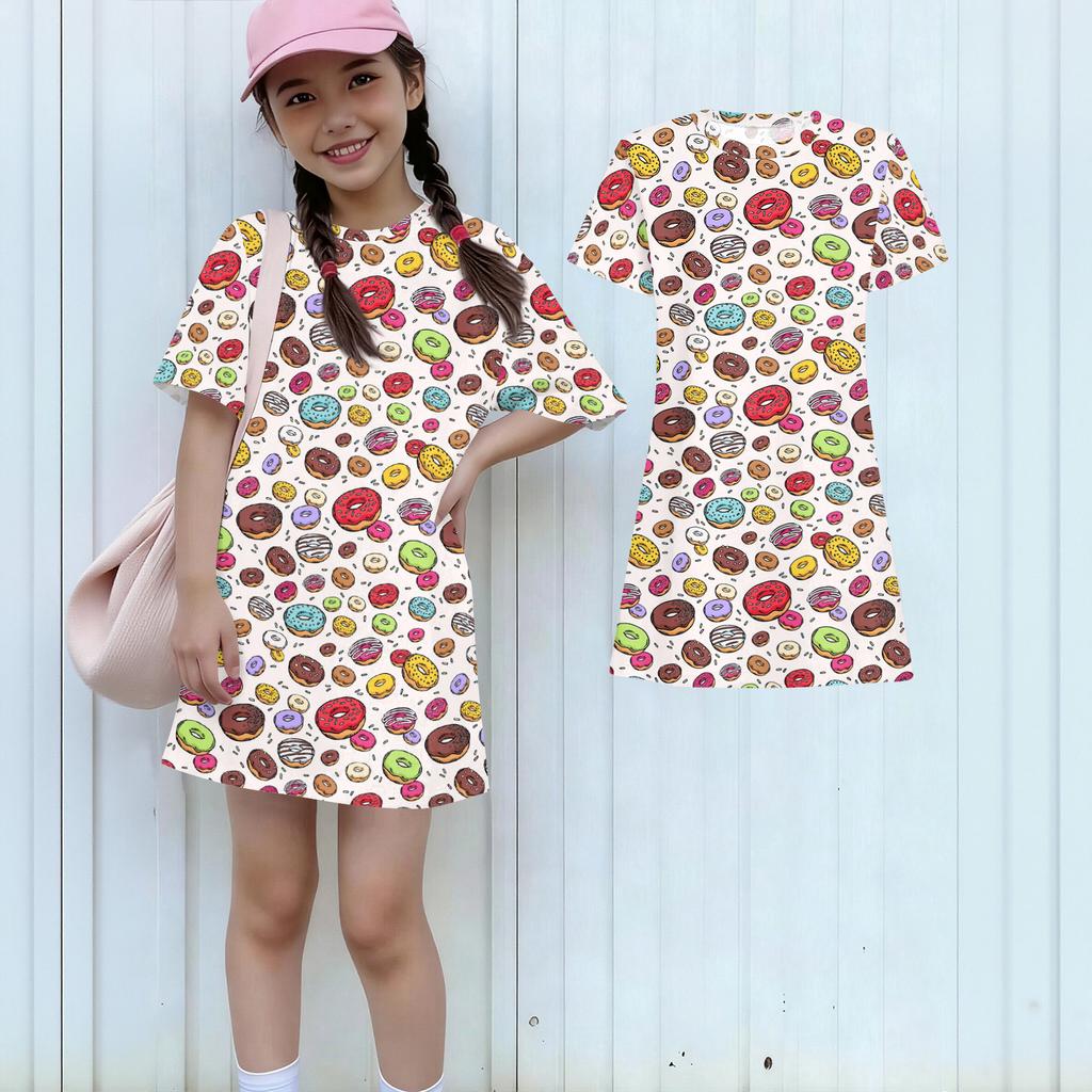 Girls Print Casual Dress Kids Loose Round Neck Short Sleeve Thin Sundress