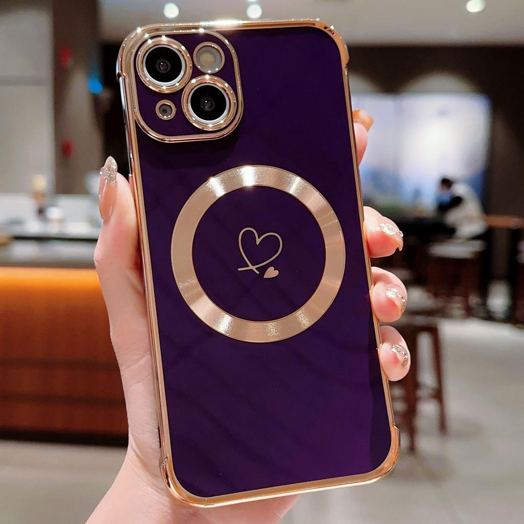 For iPhone 15 Case Compatible with MagSafe Electroplated TPU Phone Cover Hollow Love Hearts