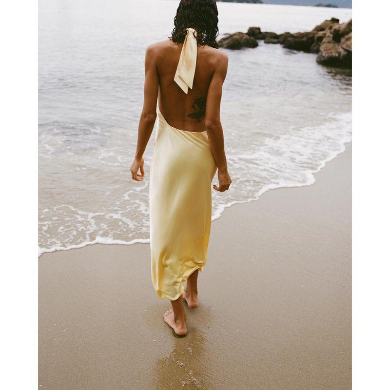 Summer New Product Women clothes French style Design Silk Satin Texture Neck Collar Midi Dress 3592399