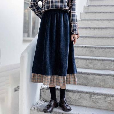Fustă Midi A-Line de Toamnă Iarnă pentru Femei din Catifea Cord Retro, Elegantă, de Nișă, în Carouri, Color-Block, Lungime până la Genunchi