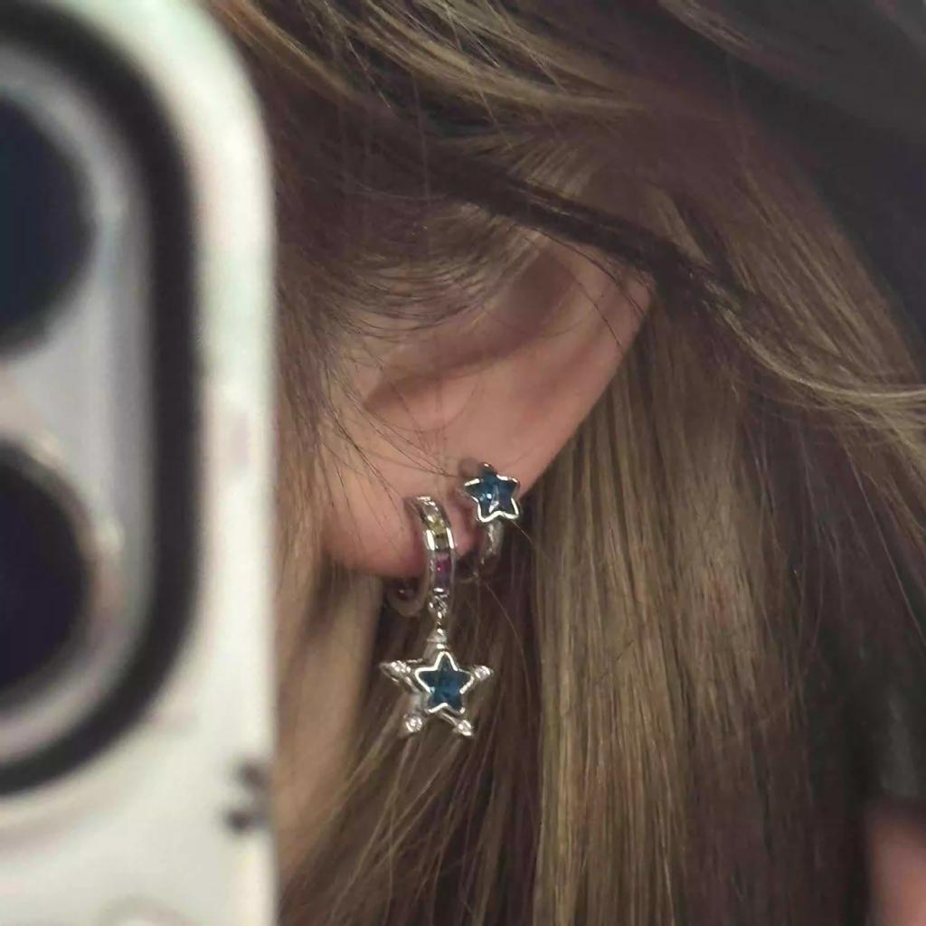 Asymmetric Blue Star Earrings Ear Buckle Niche Design Sweet Cool Chic Chic Style Unique Personality Simple Simple Versatile Temperament Earrings