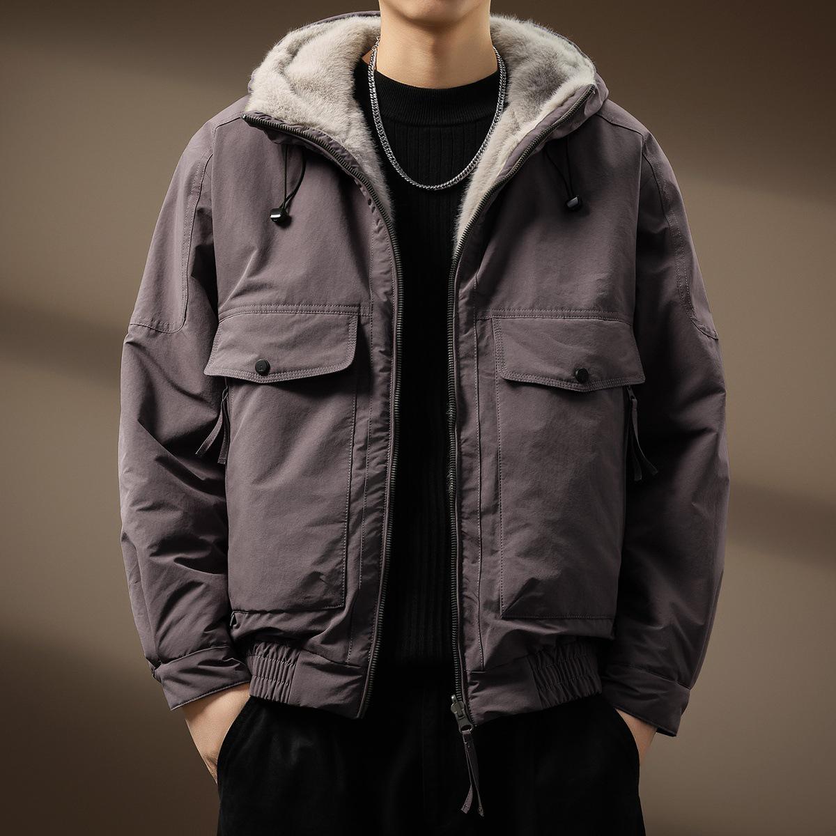 Men s American-Style Reversible Plush Cotton Hooded Winter Jacket with Big Pockets 2XL (170-190 jin)