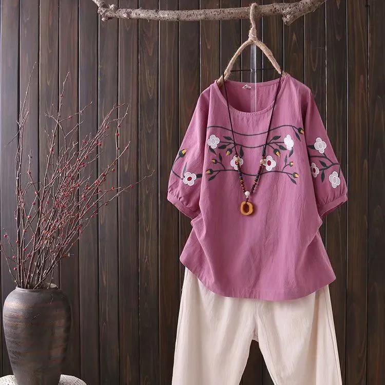 Literární a umělecké retro vyšívané tričko Dámské letní etnický styl Velká velikost Volný top