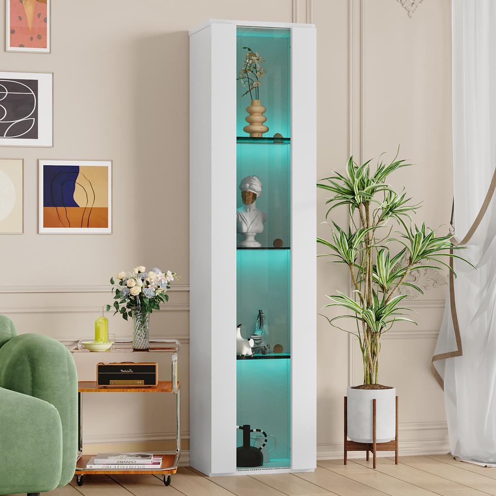 40 x 29 x 170 cm, Vitrine, Glasböden, LED-Farbwechselbeleuchtung, APP-Steuerung, Acrylplatte, wandmontierbar, minimalistisches Design, weiß.