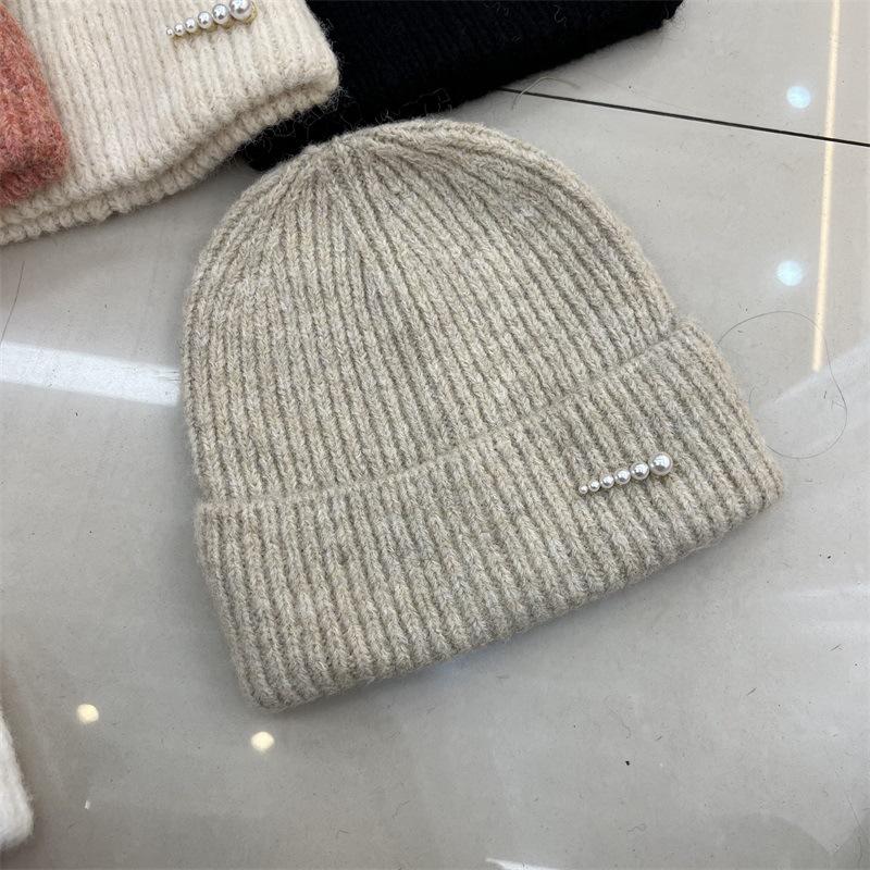 Fashion Pearl Decorative Wool Blended Wool Hat Women's Autumn and Winter Warm Simple Vertical Striped Knitted Cold Hat