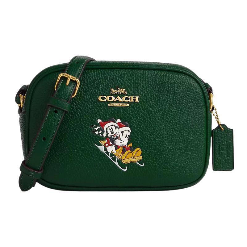Coach Crossbody Bag Disney Disney Collaboration Jamie 19 Minnie Mickey Printed Zipper Pebbled Leather Camera Shoulder Small Women's Brass and Dark