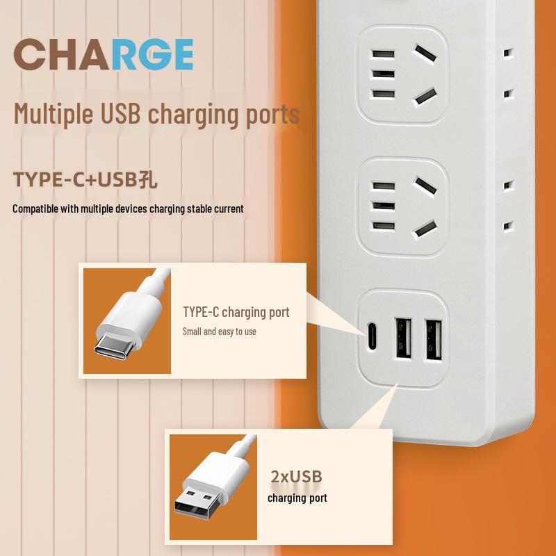 USB Skjøteledning med Forlengelsesledning og Multi-kontakt Skrivebordslist for Smart Livsstil