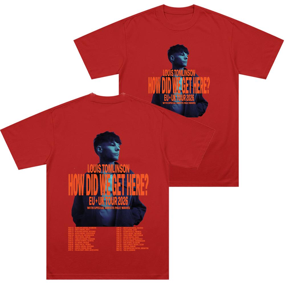 Как я сюда попал? EU.UK TOUR 2026 Футболка LouisTomlinson Мерч Хипстерская Футболка Футболка Чистый Хлопок Летняя Одежда Унисекс Футболка XXL красный