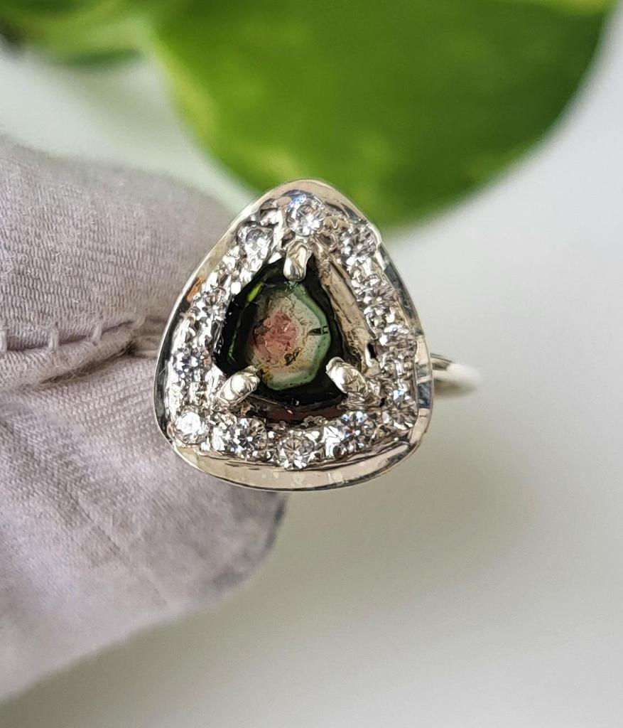 Natural Watermelon Rare Tourmaline 925 Sterling Silver CZ Ring Sz 5.75 US, A-79