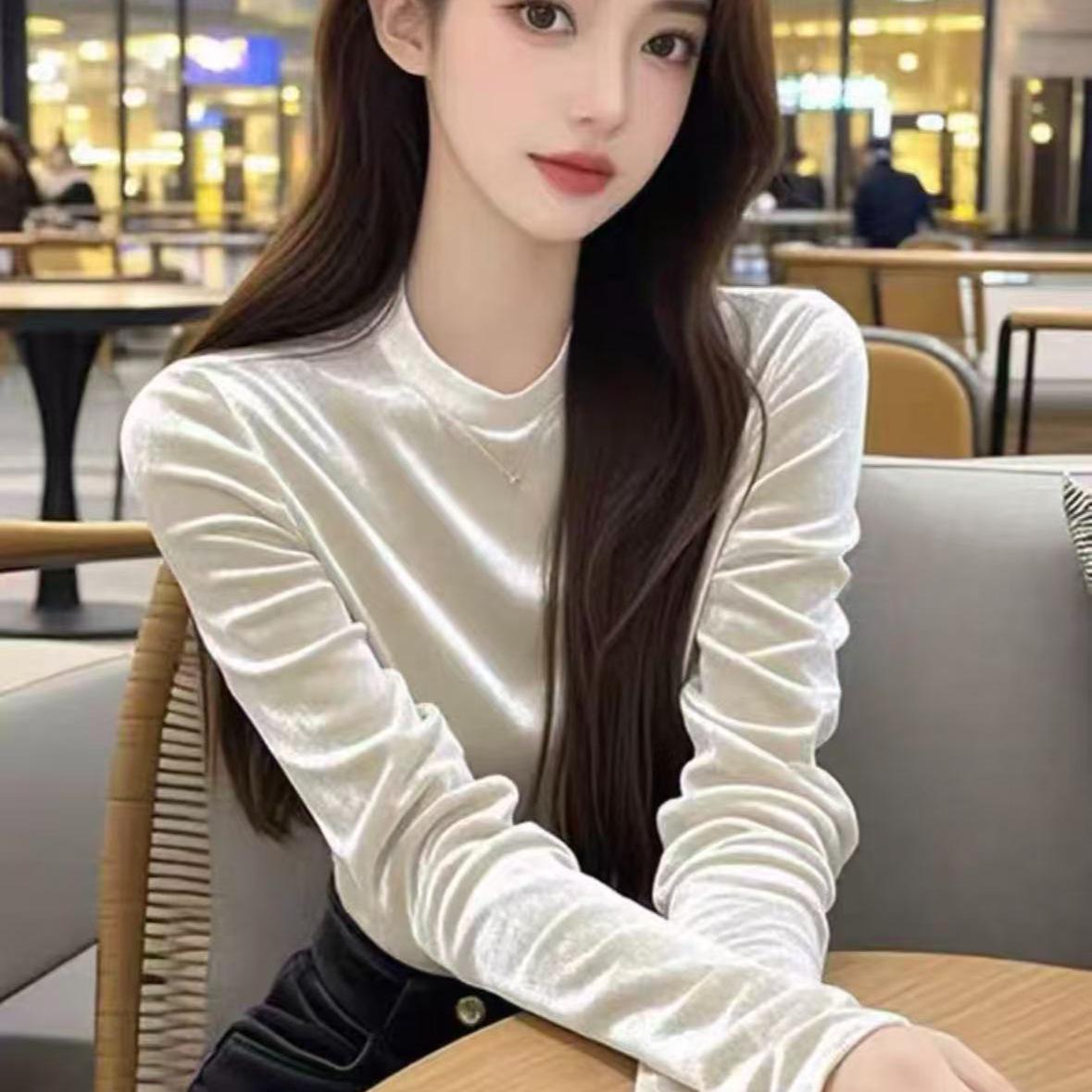 Cross2026 Elegant French Style Velvet Round Neck Slimming Long Sleeve Women s Top XL абрикосовый