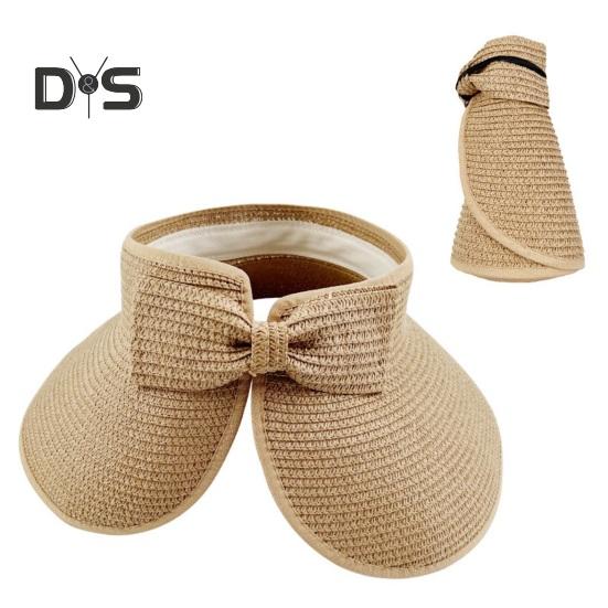 Outdoor Ladies Hat Empty Top Foldable Large Brim Bow Decor Sun Protection Anti-UV Beach Straw Cap Gardening Fishing Travel Hat