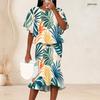 Women Plus Size Two Piece Set Round Neck Batwing Short Sleeve Tropical Leaf Printed Ruffle Hem Top Fishtail Skirt