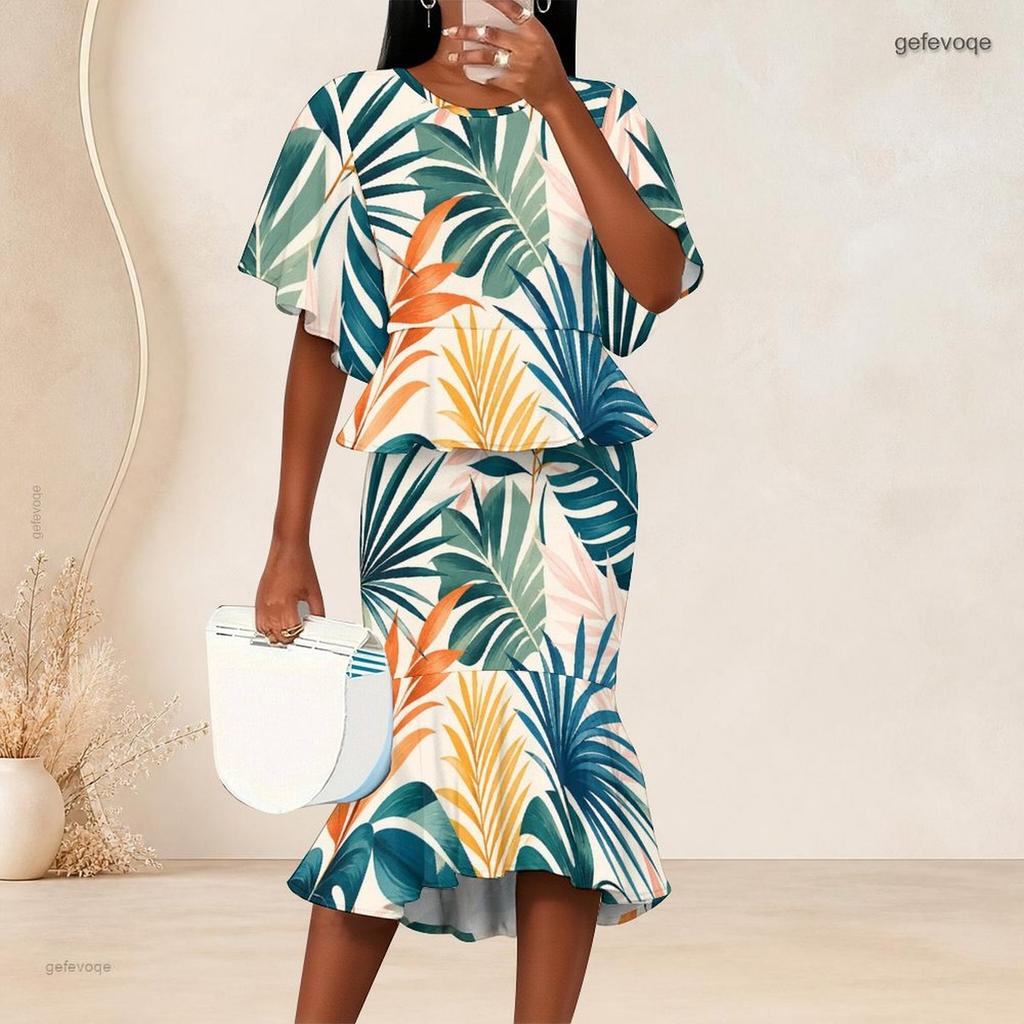 Women Plus Size Two Piece Set Round Neck Batwing Short Sleeve Tropical Leaf Printed Ruffle Hem Top Fishtail Skirt