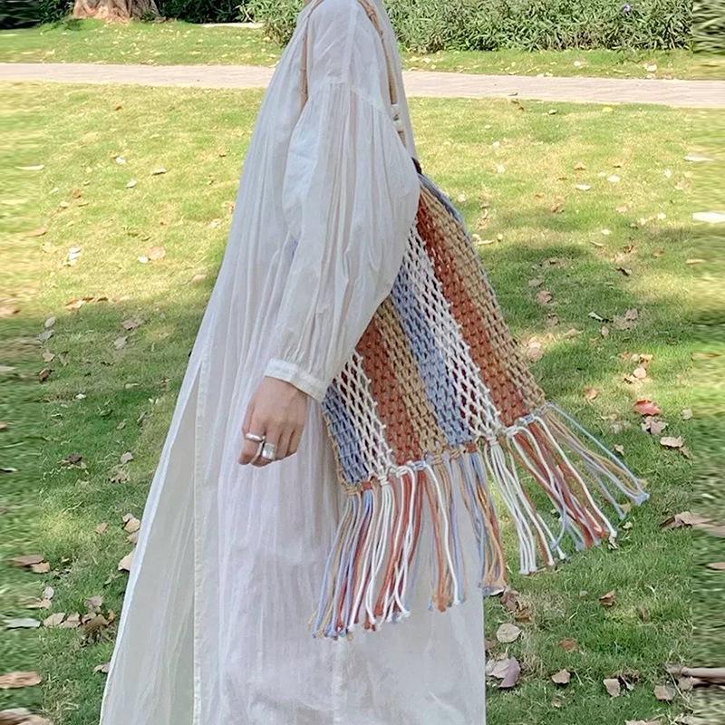 

Ethnic Cotton Tassel Crochet Straw Shoulder Bag for Women