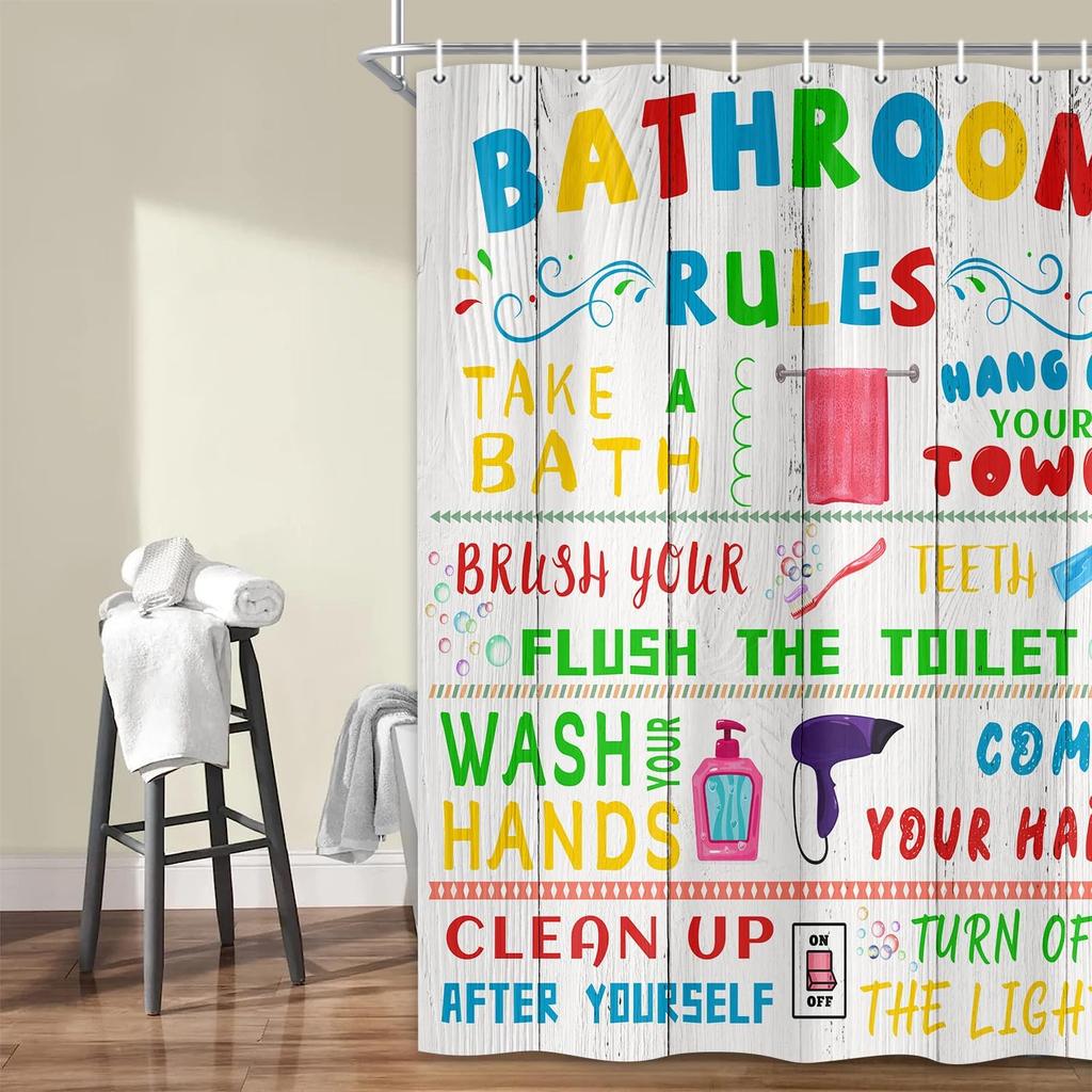 Funny Teen Boy Girl Shower Curtain Set for College Dorm Bathroom, Cute Colorful Bathroom Rules Fabric Shower