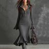 Women's 1/4 Zipper Bell Sleeve Sweater Long Fishtail Dress Knitted Tight Dress