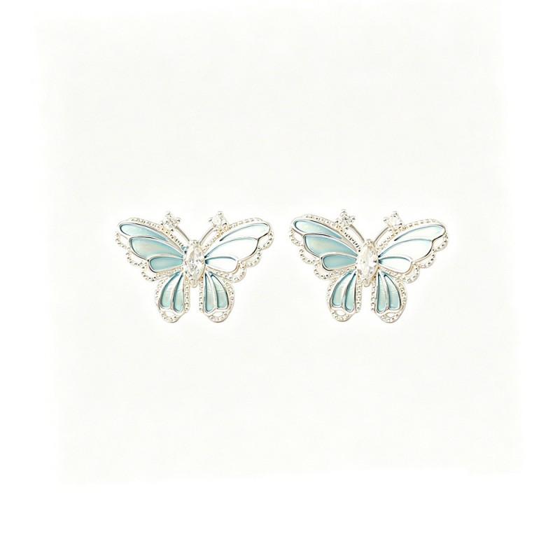 Elegant 3D Butterfly Stud Earrings Women Sweet Fresh Style Post Real Gold Plated Copper
