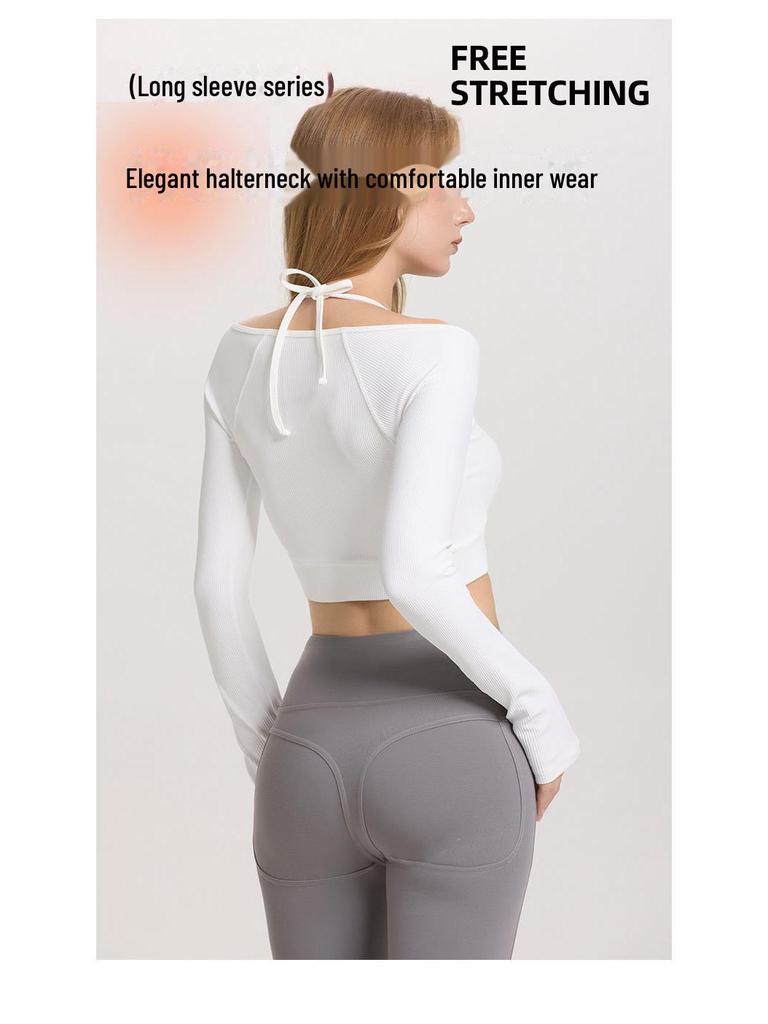 Damen Langarm Yoga Oberteil mit Brustpolster - Neckholder, Bauchnabelfrei, Hochelastische Fitnessbekleidung
