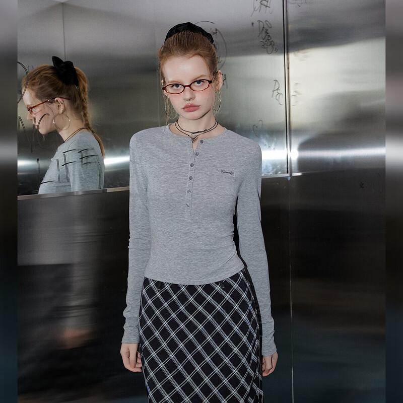 UNIFREE American Hot Girl Style V-Neck Henley Long Sleeve T-Shirt L