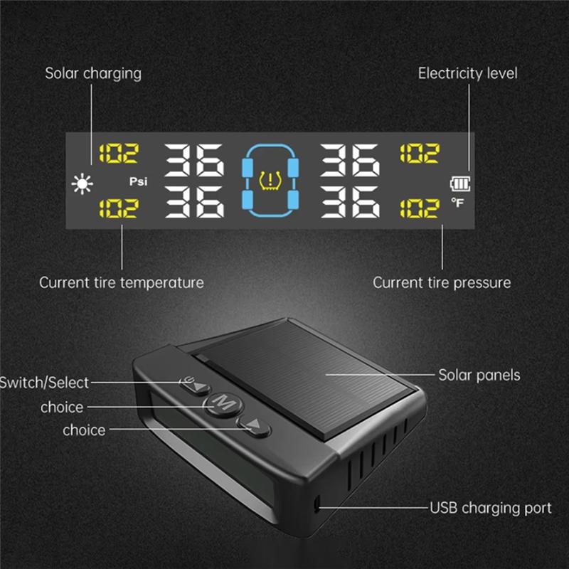Car External Tire Pressure Sensors Solar Power TPMS Tire Pressure Monitoring System Tire Alarm Digital Display