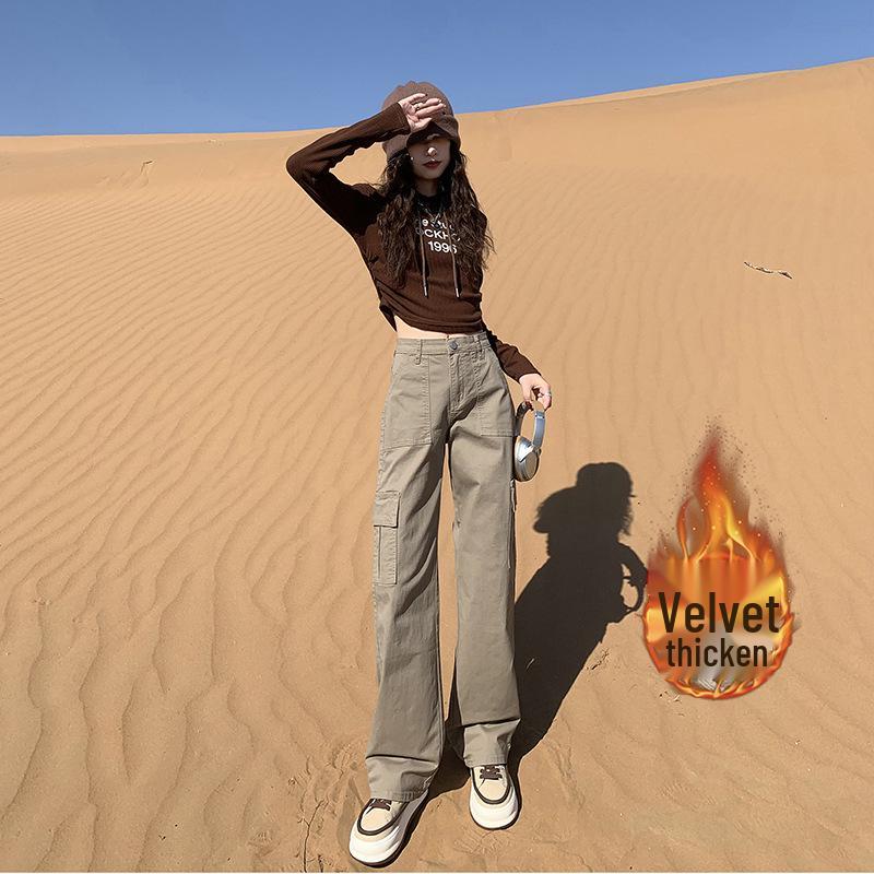 Women's Fleece-Lined High-Waisted Retro Straight-Leg Jeans with Multi-Pockets