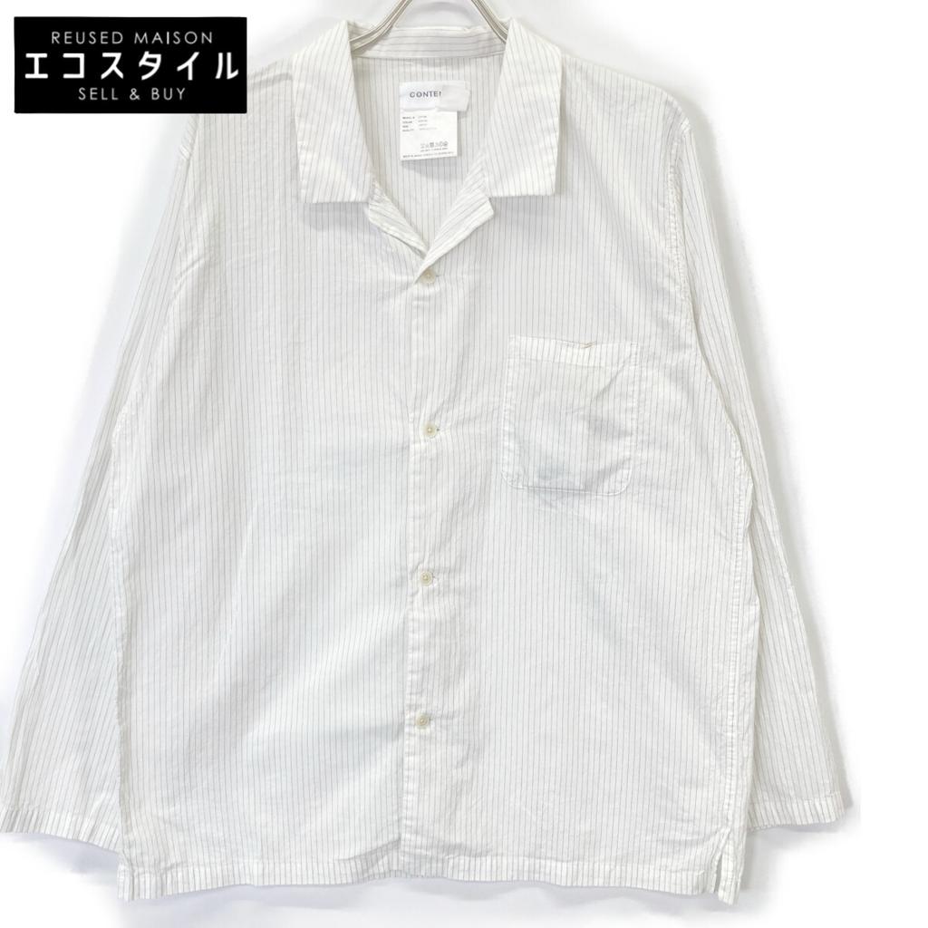 CONTEMPO White Stripe 54152 Cotton Open-Collar Shirt Tops L whiteUsed