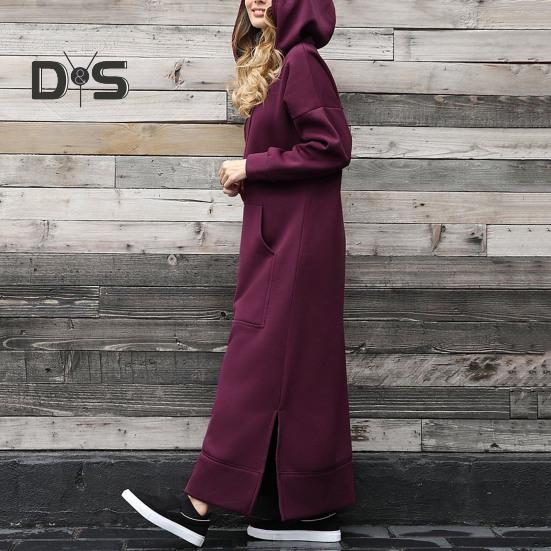 Kvinner Høst Vinter Ensfarget sweatshirtkjole Hette med snøring Langermet frontlomme sidesplitt maxikjole