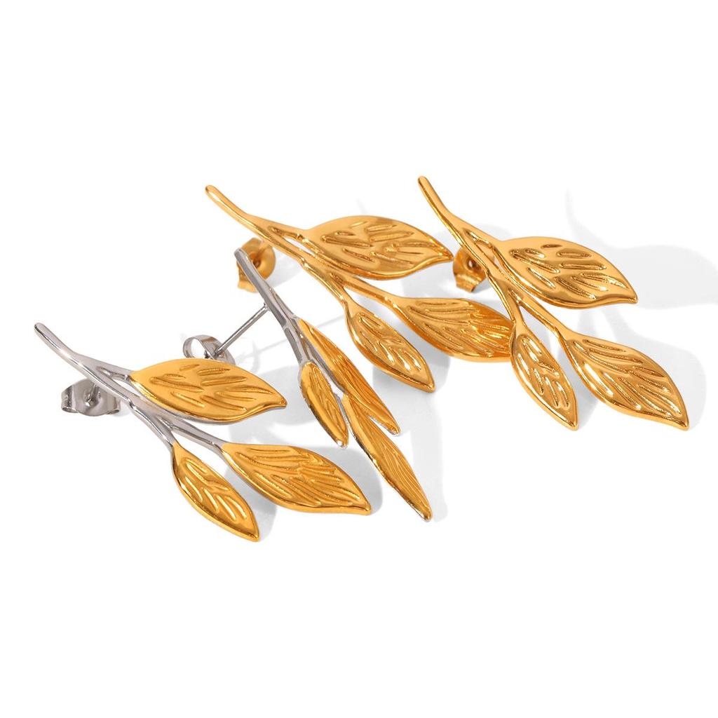 Elegant European & American Leaf 18K Gold Titanium Steel Earrings: Waterproof & Colorfast Luxury Design