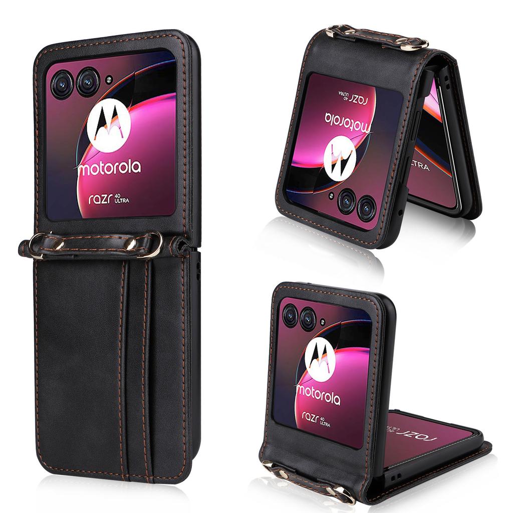 For Motorola Razr 40 Ultra 5G Hard PC+PU Leather Cover One-piece Design Card Slots Phone Case with Lanyard