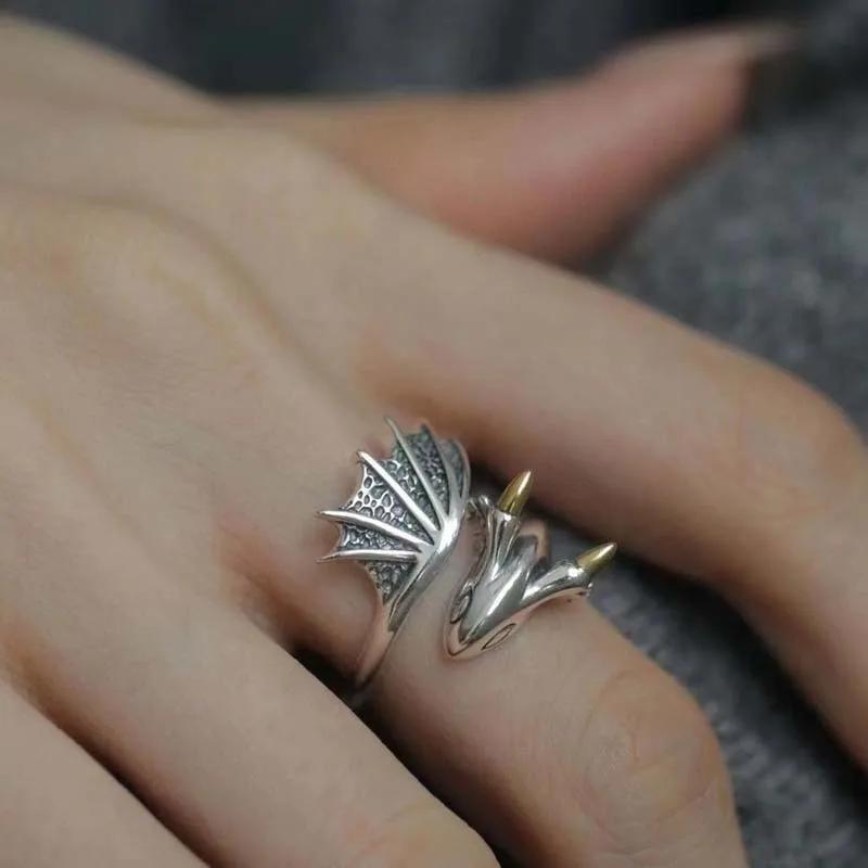 Vintage Silver Color Little Flying Dragon Cuff Finger Rings For Women Men Fashion Open Adjustable Handmade Couple Ring Jewelry