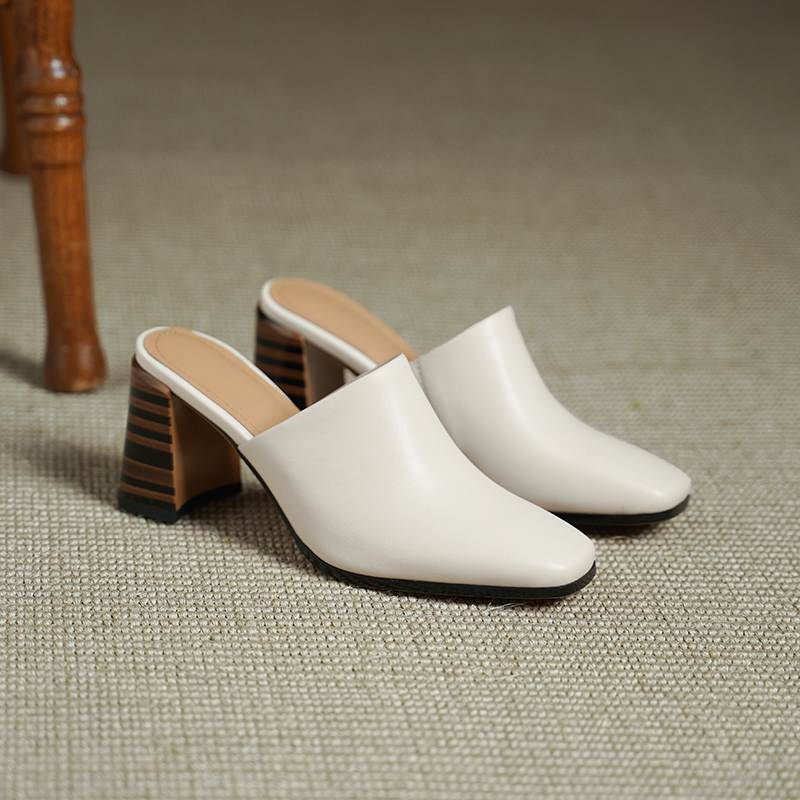Krazing Pot Mules Cow Skin Basic Clothing Spring Summer Size 43 Size 42 Sandals Women Thick Heels Women Square Toe Slip On Pumps