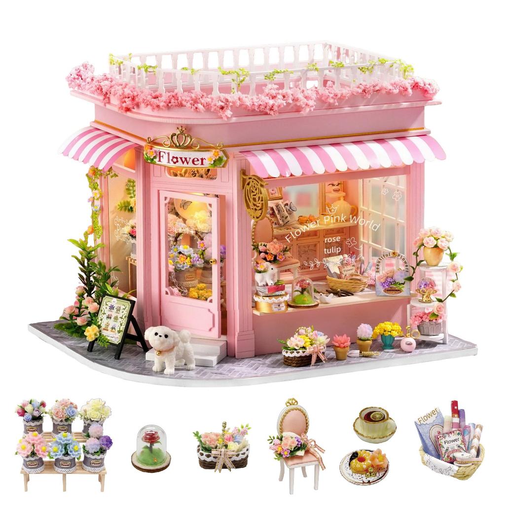 CUTEROOM Dollhouse for Beginners: Wooden Miniature Pink Flower Shop (DIY Toy - Includes Miniature Wooden Furniture and Decorations) - Perfect Gift