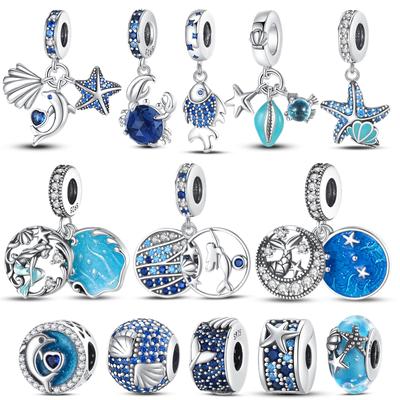 New In Silver 925 Charms Blue Ocean Fish Charm Dolphin &Starfish Beads Fit 925 Original Bracelet Key Chain Accessories 