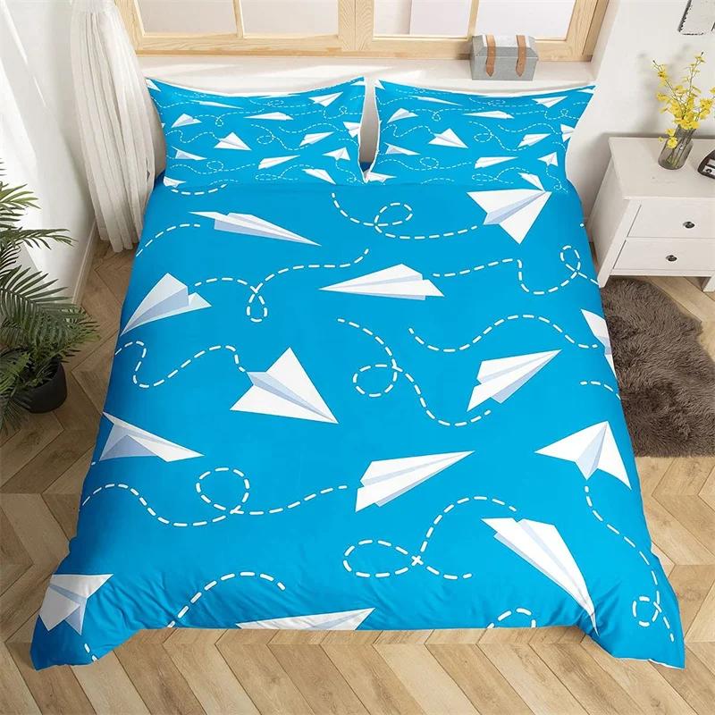 Aircraft Queen Duvet Cover Set Cartoon Airplane Bedding Set Polyester Clouds Stars Moon Print Comforter Cover For Kids Boys Room